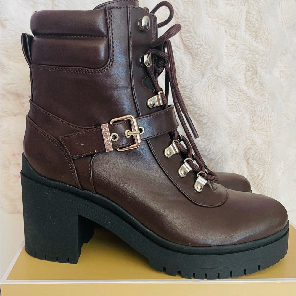 Guess Canaly Platform Combat Boot Dark Brown Size 8